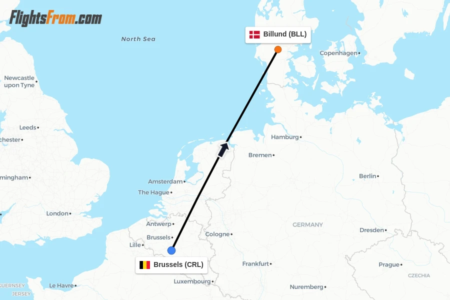 Flights from Brussels to Billund route map