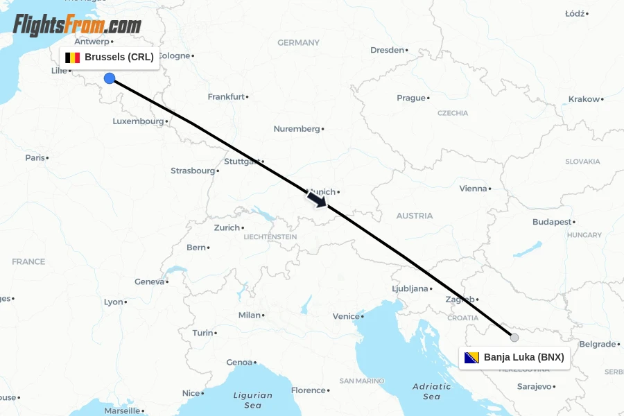 Flights from Brussels to Banja Luka route map
