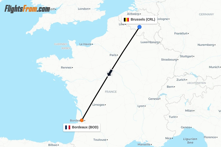 Flights from Brussels to Bordeaux route map