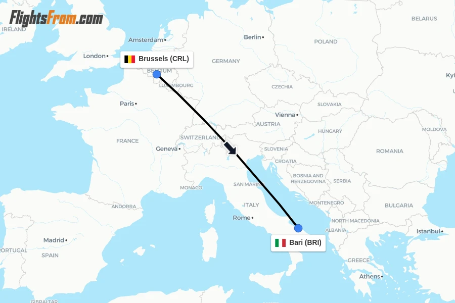 Flights from Brussels to Bari route map
