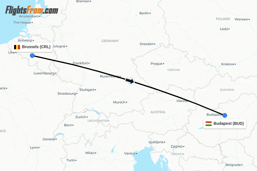 Flights from Brussels to Budapest route map