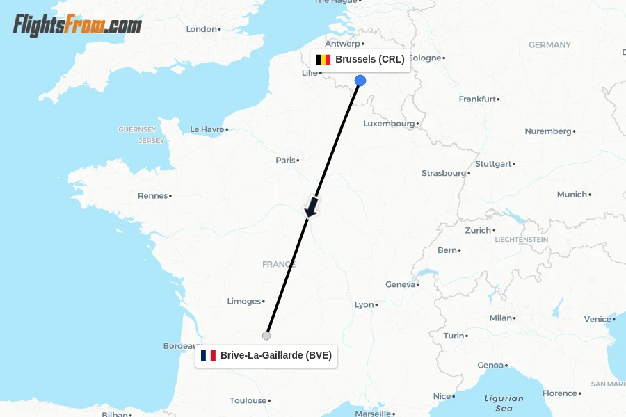 Flights from Brussels to Brive-La-Gaillarde route map