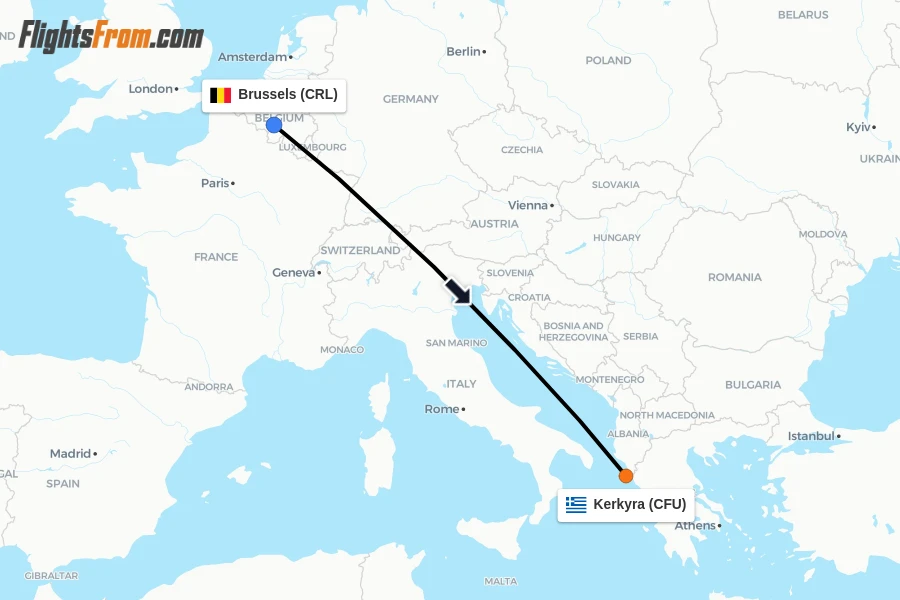 Flights from Brussels to Kerkyra route map