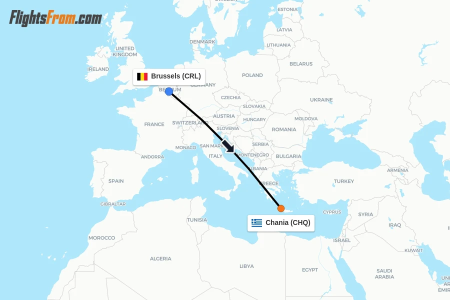 Flights from Brussels to Chania route map