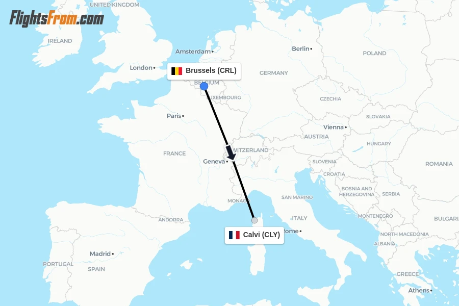Flights from Brussels to Calvi route map
