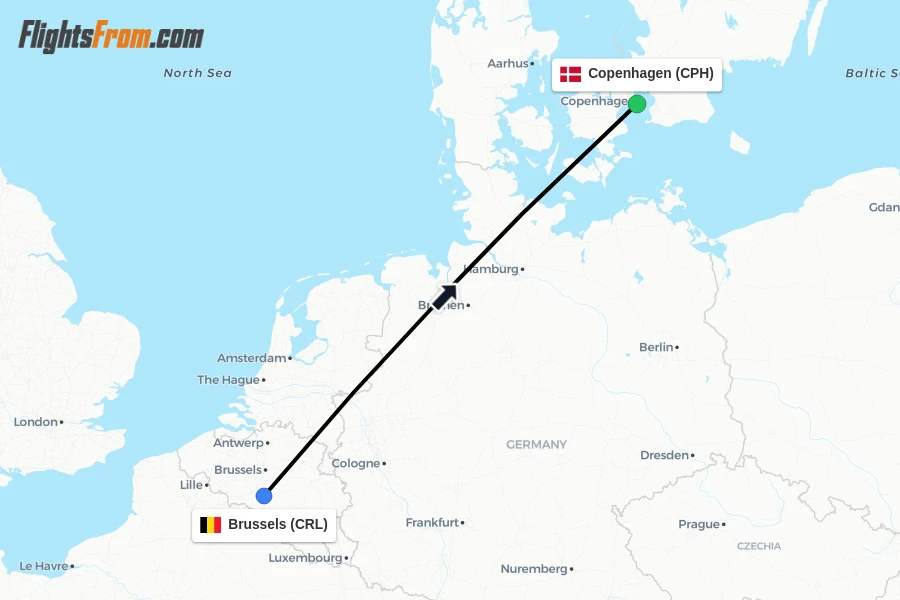 Flights from Brussels to Copenhagen route map