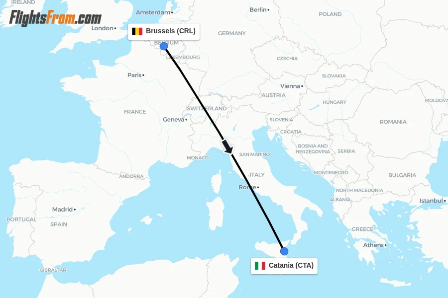 Flights from Brussels to Catania route map