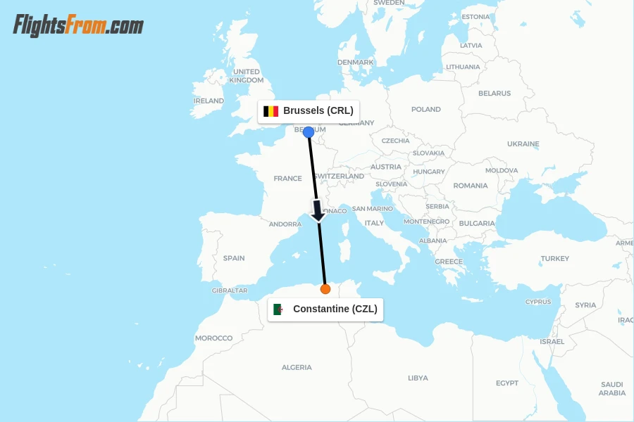Flights from Brussels to Constantine route map