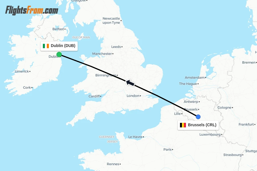 Flights from Brussels to Dublin route map