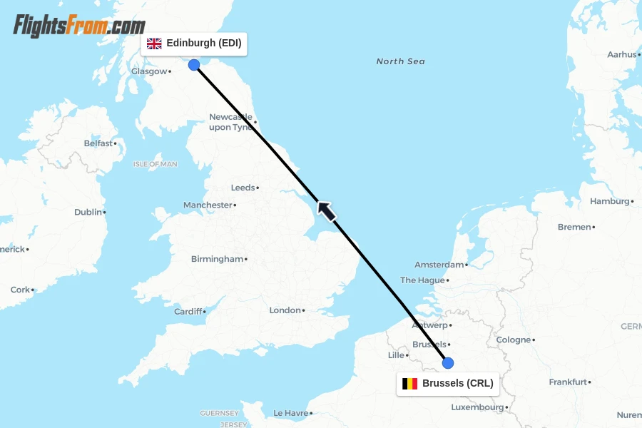 Flights from Brussels to Edinburgh route map