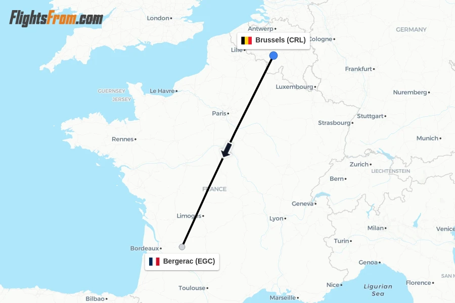 Flights from Brussels to Bergerac route map