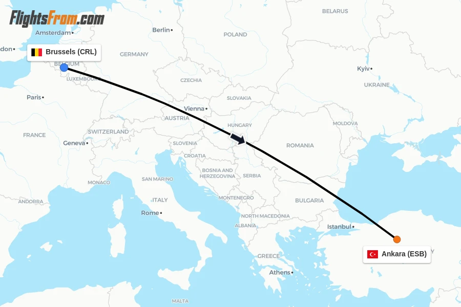 Flights from Brussels to Ankara route map