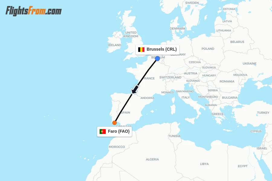 Flights from Brussels to Faro route map
