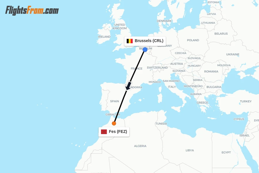 Flights from Brussels to Fes route map