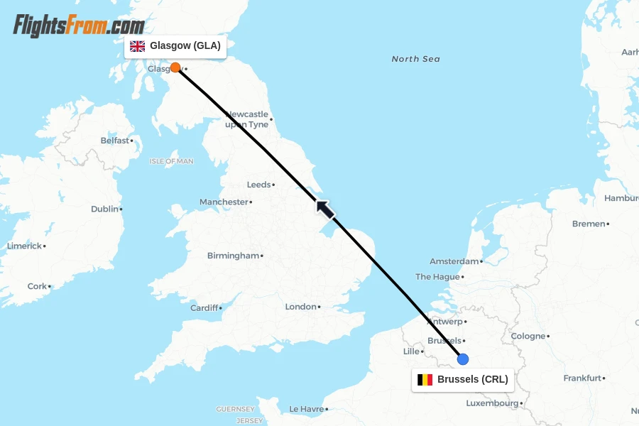 Flights from Brussels to Glasgow route map