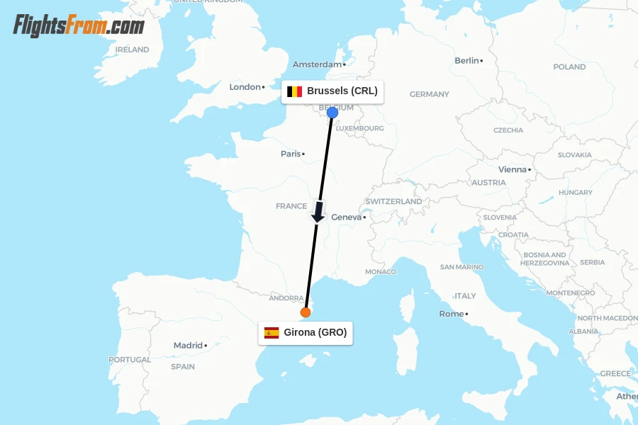 Flights from Brussels to Girona route map