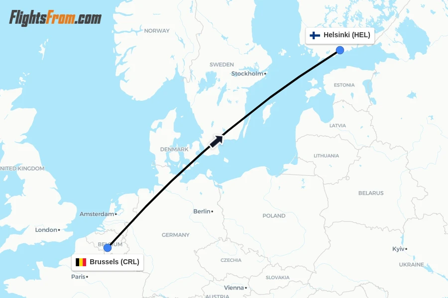 Flights from Brussels to Helsinki route map