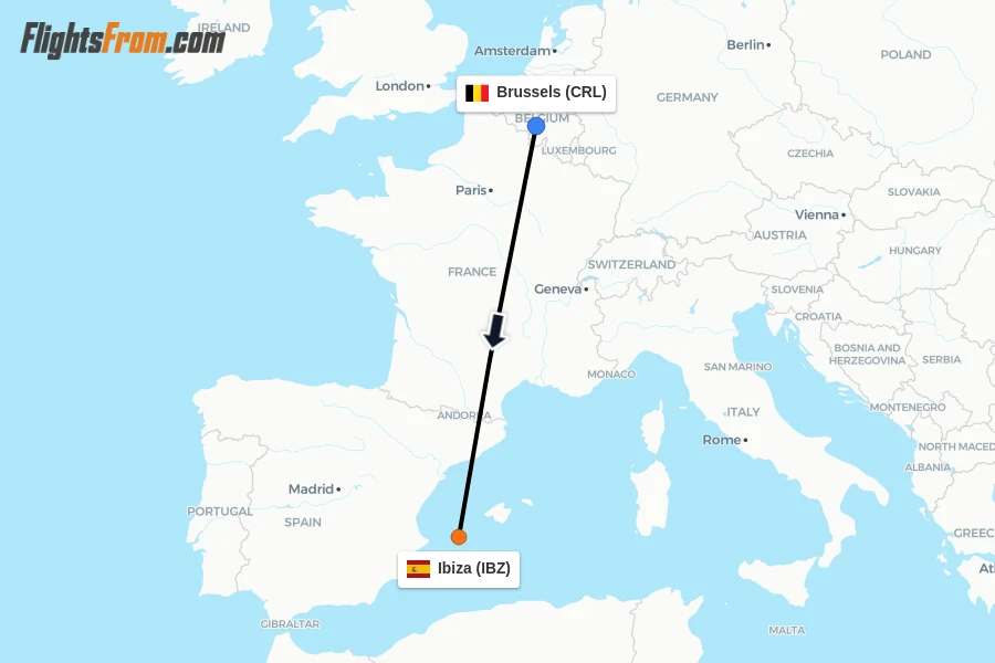 Flights from Brussels to Ibiza route map
