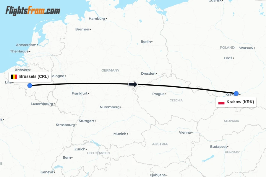 Flights from Brussels to Krakow route map