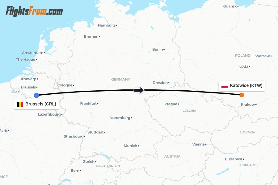 Flights from Brussels to Katowice route map