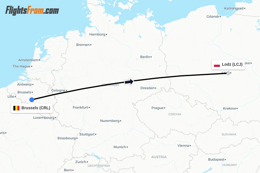 Flights from Brussels to Lodz route map