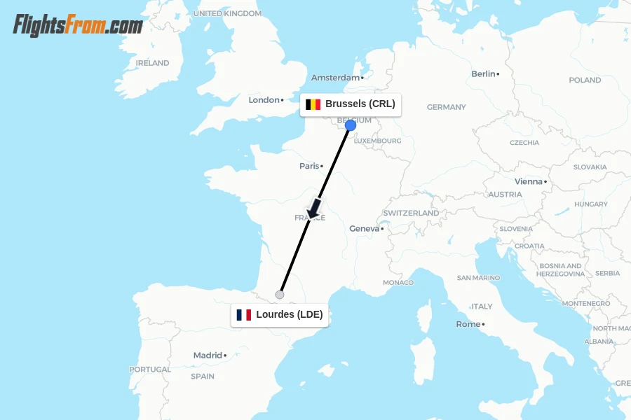 Flights from Brussels to Lourdes route map