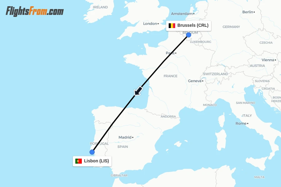 Flights from Brussels to Lisbon route map