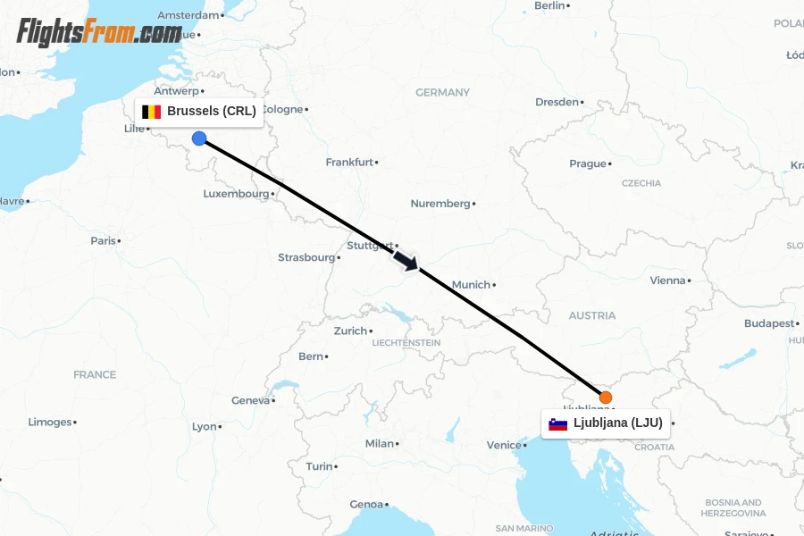 Flights from Brussels to Ljubljana route map