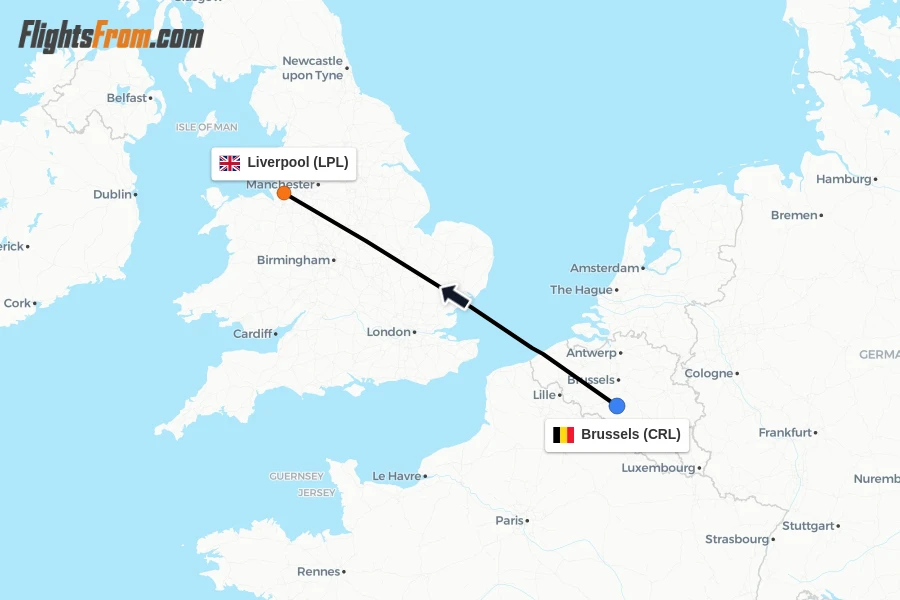 Flights from Brussels to Liverpool route map