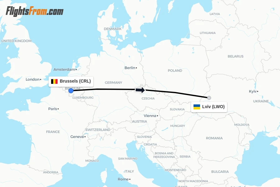 Flights from Brussels to Lviv route map