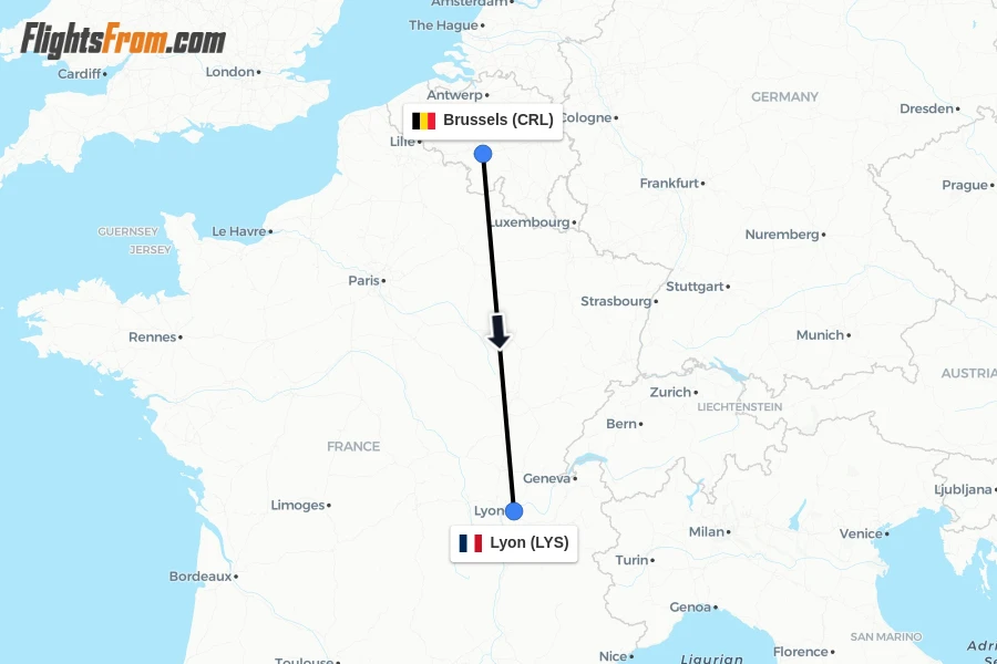 Flights from Brussels to Lyon route map