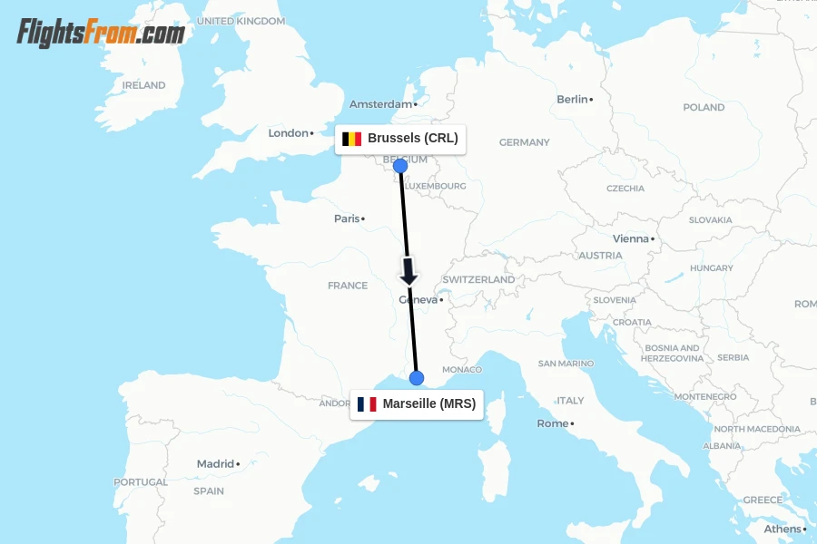 Flights from Brussels to Marseille route map