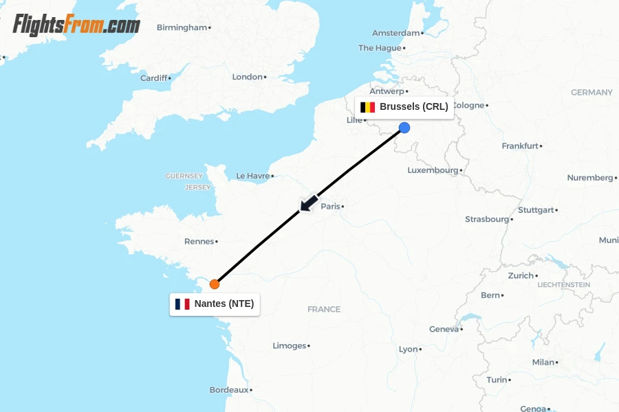 Flights from Brussels to Nantes route map
