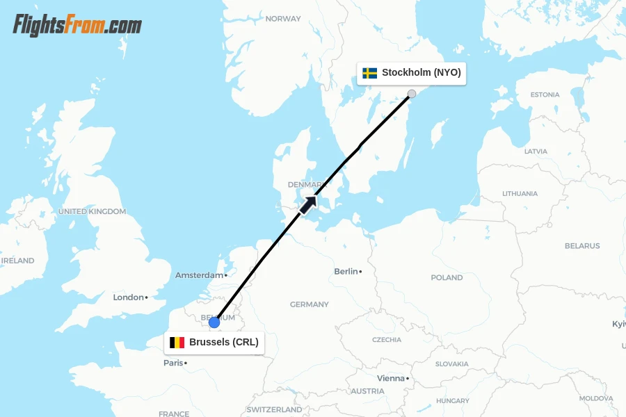 Flights from Brussels to Stockholm route map