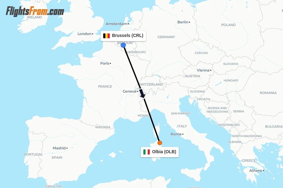 Flights from Brussels to Olbia route map