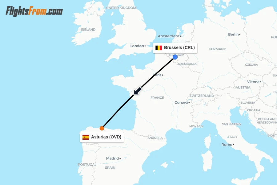 Flights from Brussels to Asturias route map