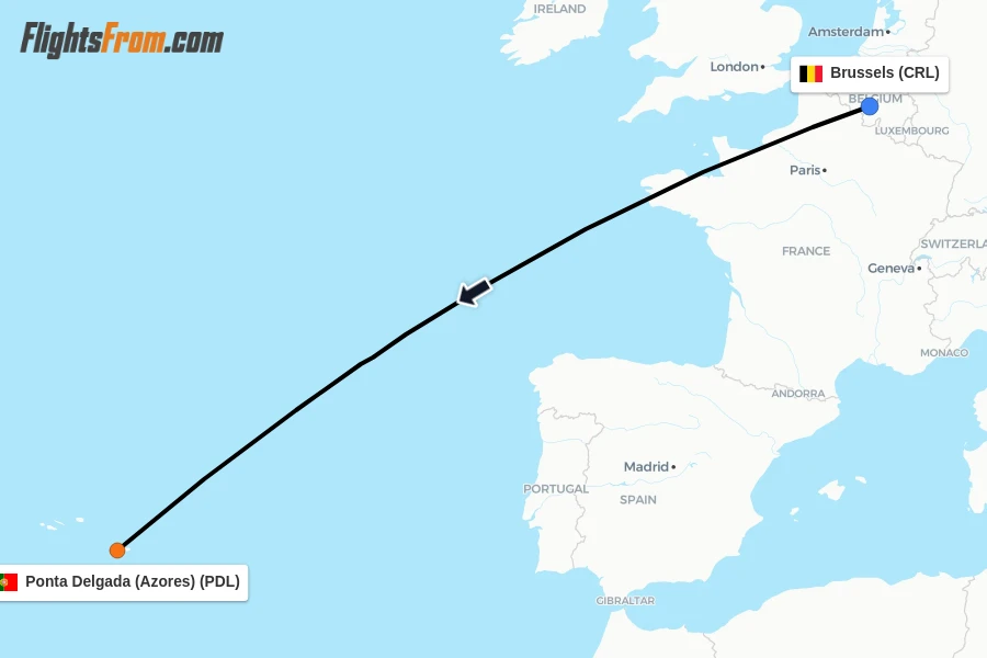 Flights from Brussels to Ponta Delgada (Azores) route map