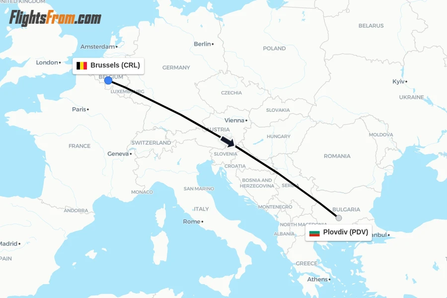 Flights from Brussels to Plovdiv route map