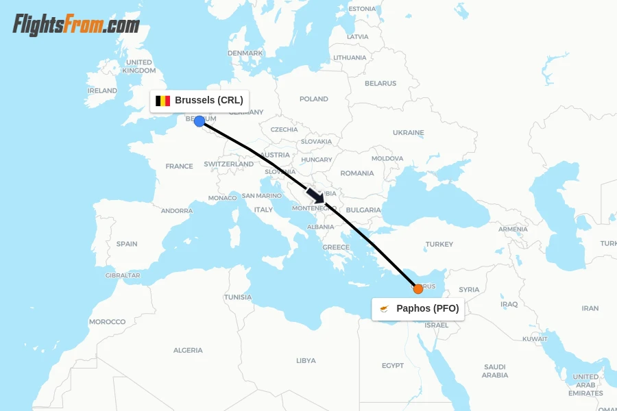 Flights from Brussels to Paphos route map