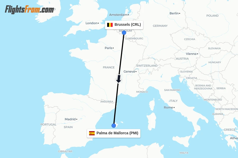 Flights from Brussels to Palma de Mallorca route map