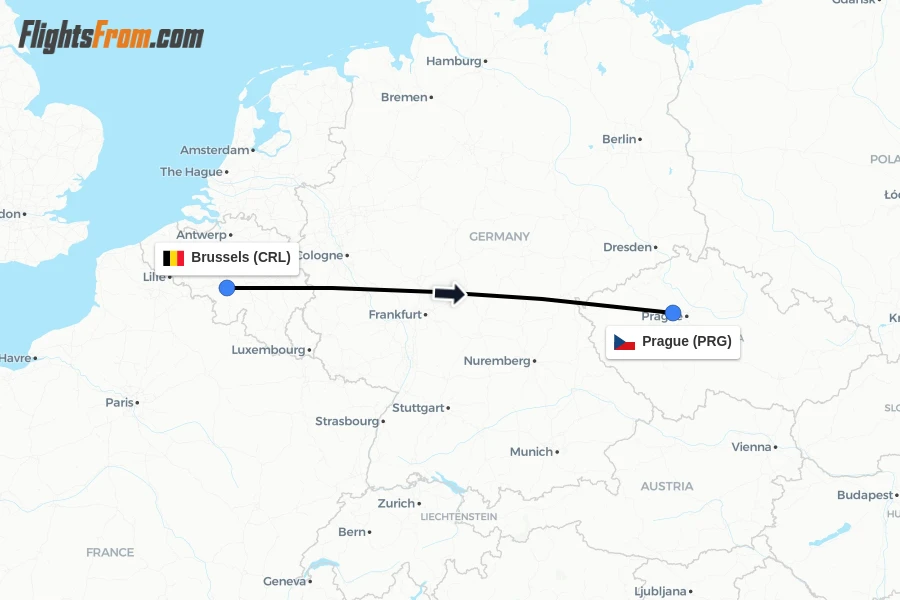 Flights from Brussels to Prague route map