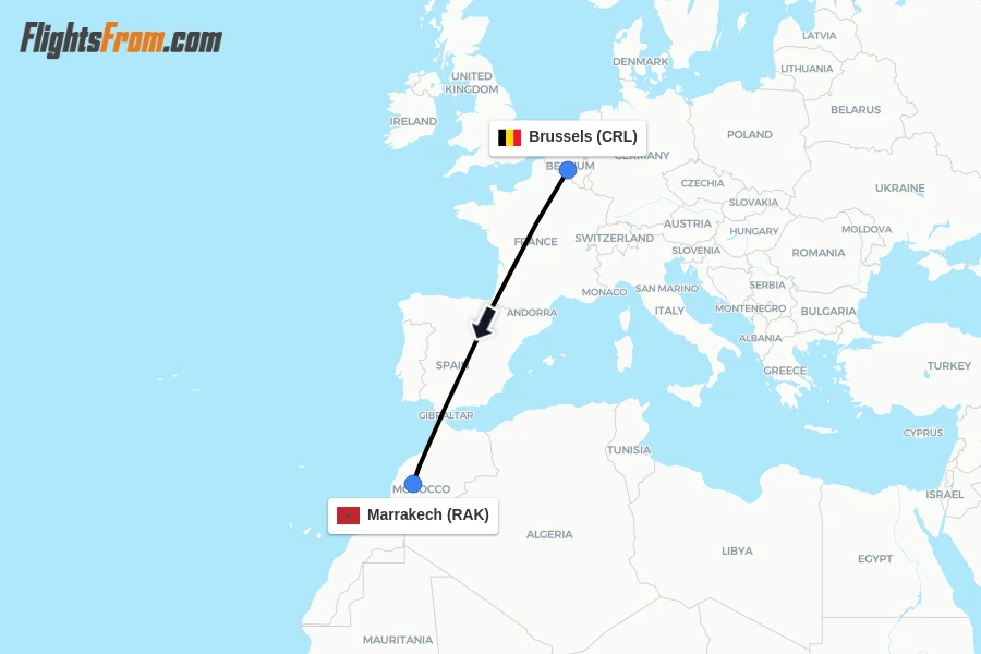 Flights from Brussels to Marrakech route map