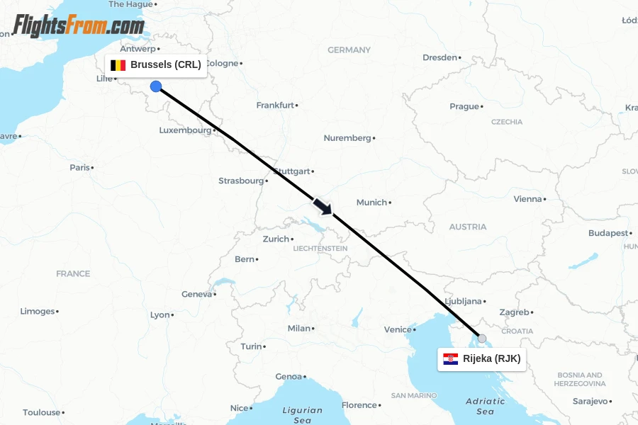Flights from Brussels to Rijeka route map