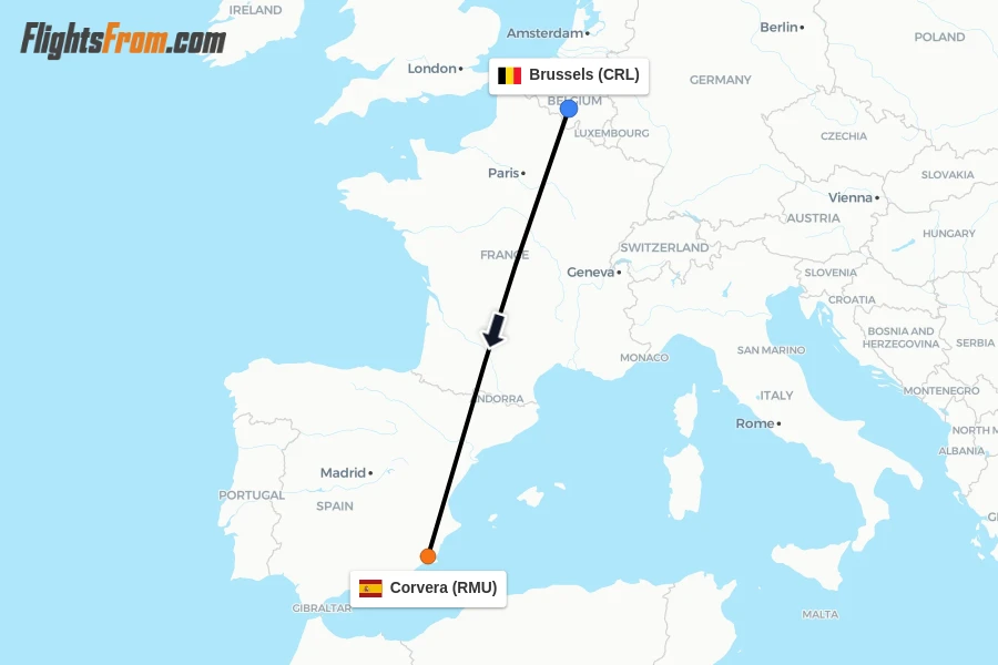 Flights from Brussels to Corvera route map