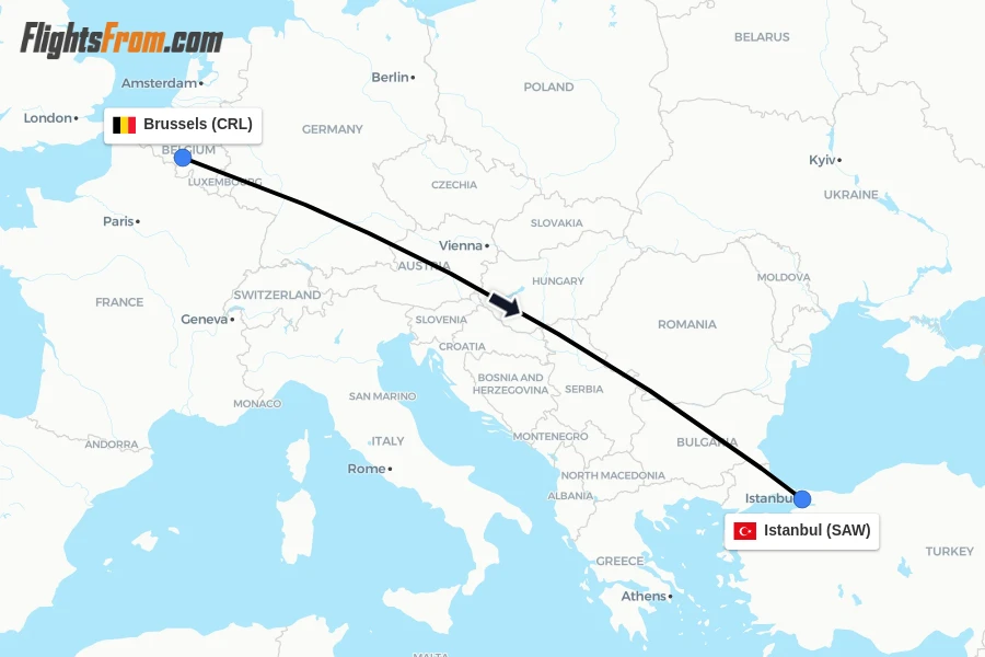 Flights from Brussels to Istanbul route map