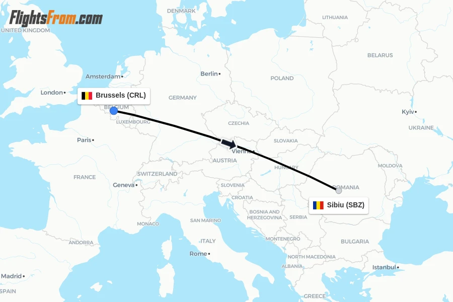 Flights from Brussels to Sibiu route map