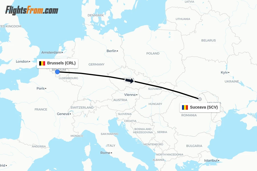 Flights from Brussels to Suceava route map