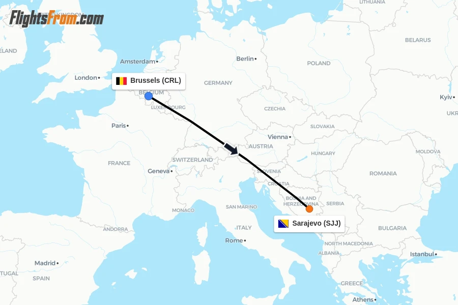 Flights from Brussels to Sarajevo route map