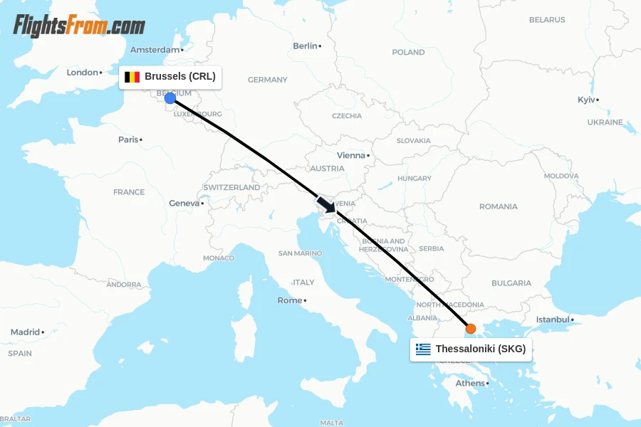 Flights from Brussels to Thessaloniki route map