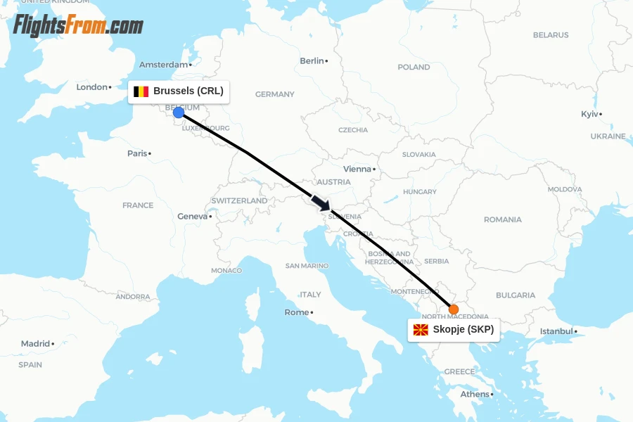 Flights from Brussels to Skopje route map